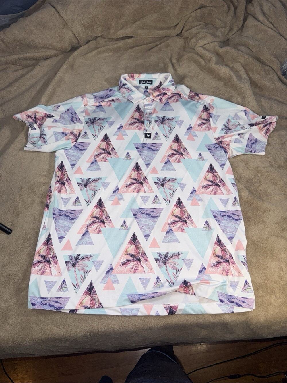 Bad Birdie Cali Polo Shirt Mens XL Cali Geo Palm Tree Print Abstract Golf